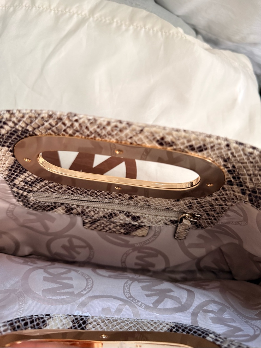 Michael Kors Snake-Print Clutch in Beige and Brown with Gold Handle - Picture 4 of 8